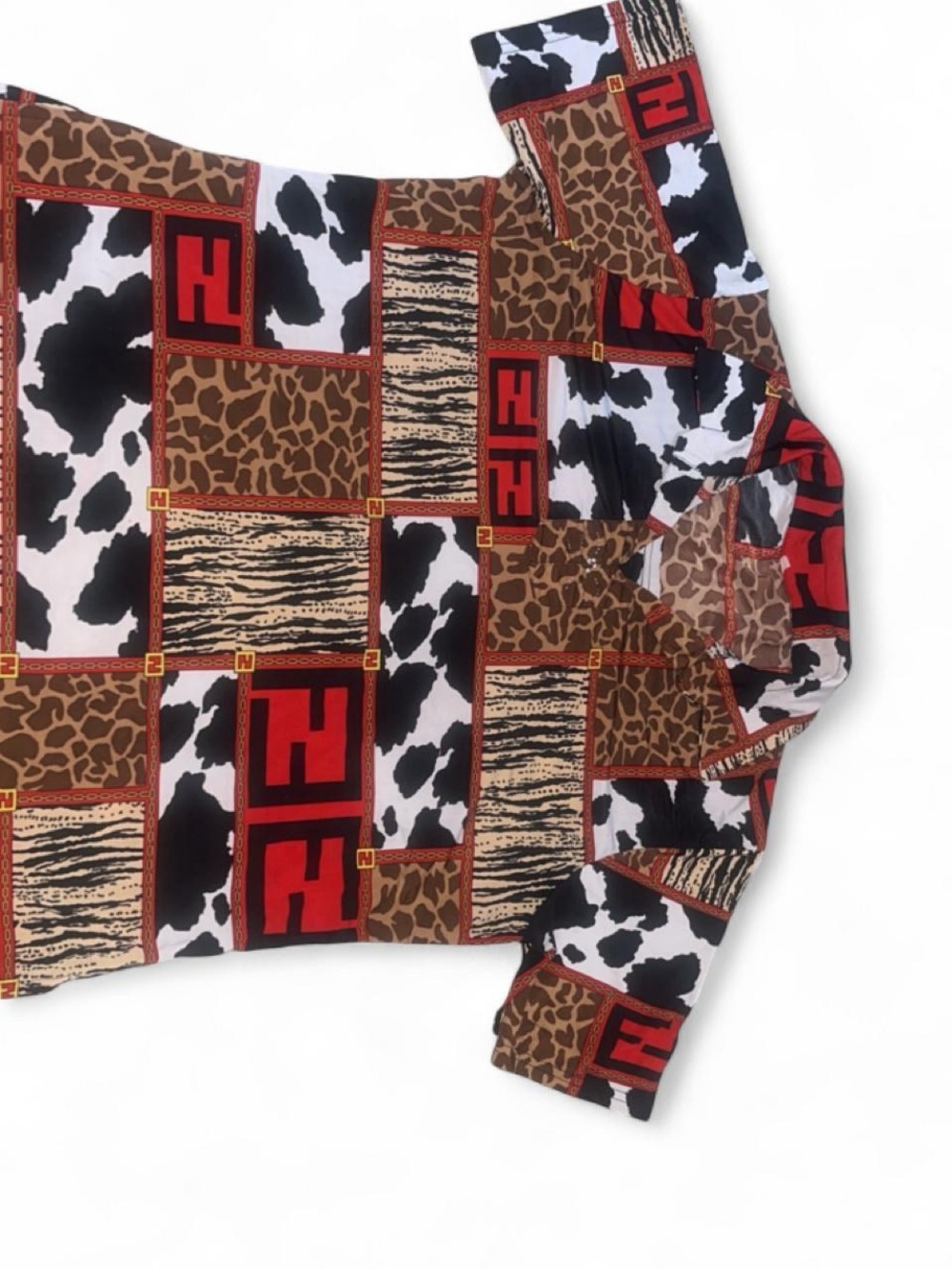 Animal-Print Patchwork Blouse - Red, Brown, Black
